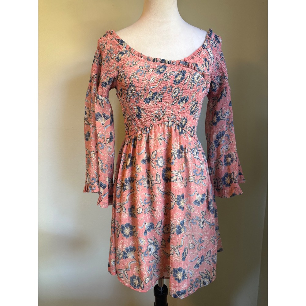 Bila 77 Pink Floral Smocked Mini Dress Bell Boho cottage whimsi dainty fairy bea